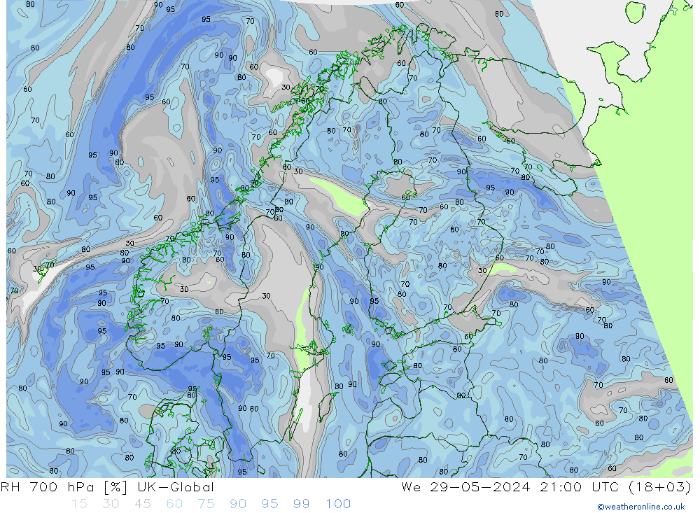 Humedad rel. 700hPa UK-Global mié 29.05.2024 21 UTC