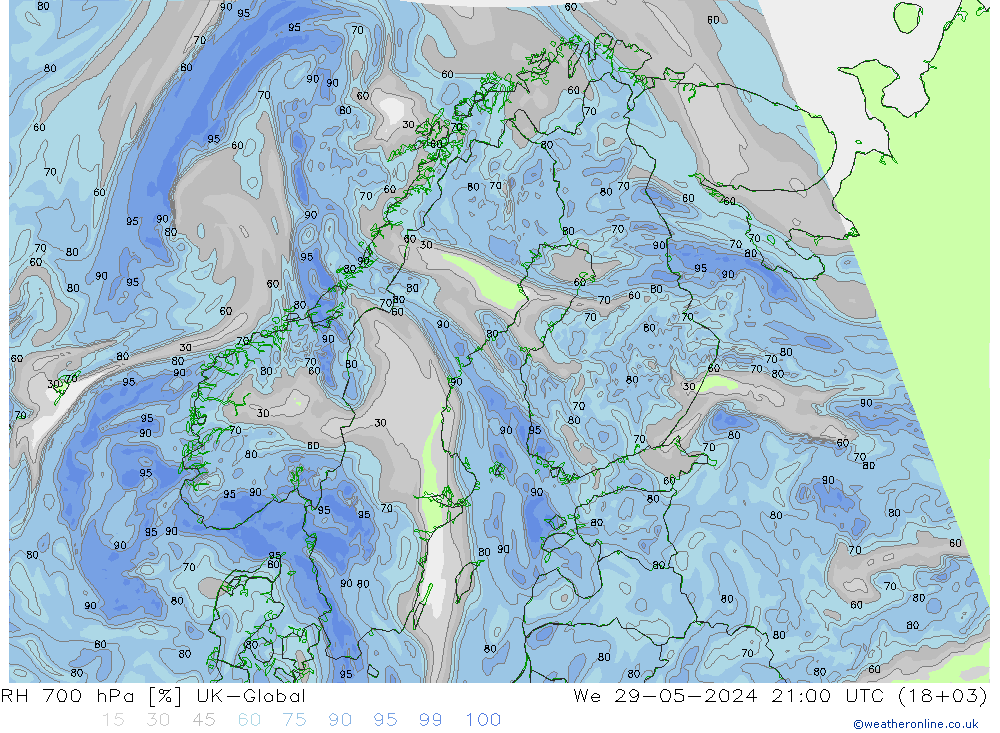 RH 700 hPa UK-Global We 29.05.2024 21 UTC