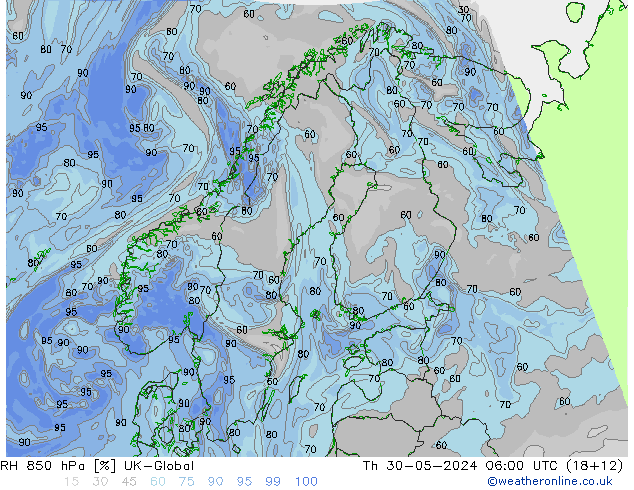 Humidité rel. 850 hPa UK-Global jeu 30.05.2024 06 UTC