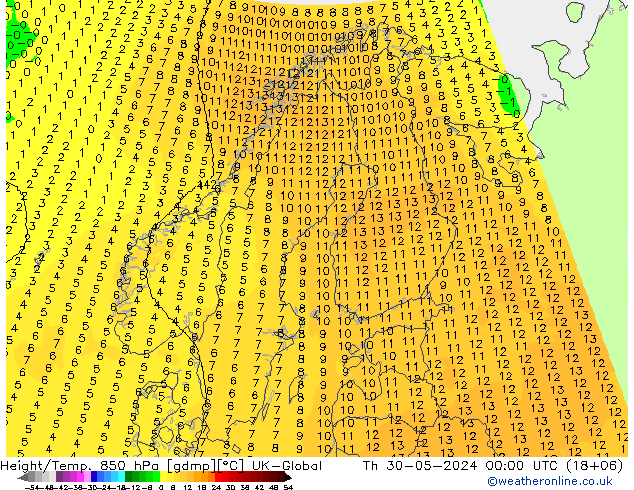 Height/Temp. 850 hPa UK-Global Th 30.05.2024 00 UTC