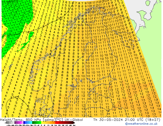 Hoogte/Temp. 850 hPa UK-Global do 30.05.2024 21 UTC