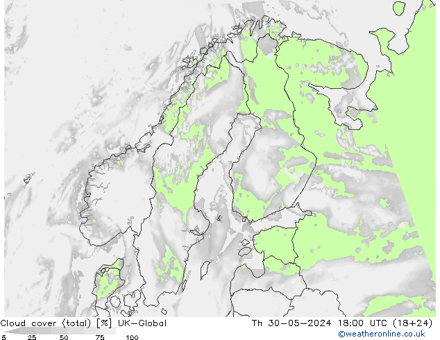 Cloud cover (total) UK-Global Th 30.05.2024 18 UTC