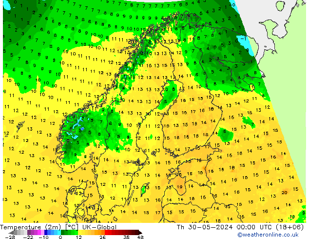 Temperature (2m) UK-Global Th 30.05.2024 00 UTC