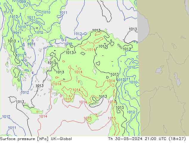 Pressione al suolo UK-Global gio 30.05.2024 21 UTC