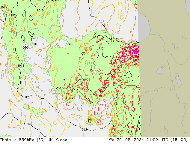 Theta-e 850hPa UK-Global We 29.05.2024 21 UTC