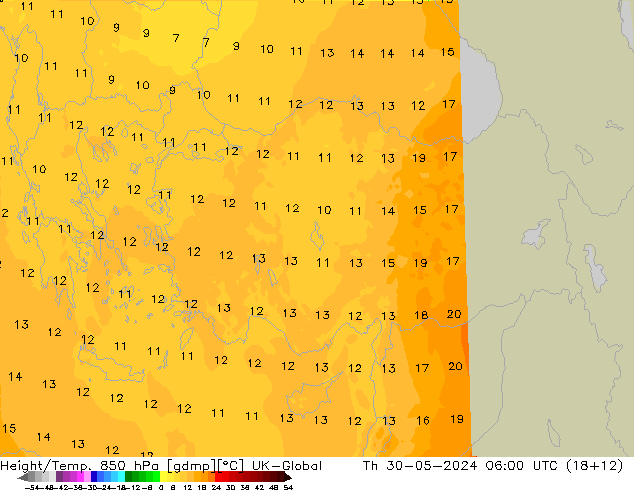 Height/Temp. 850 hPa UK-Global Qui 30.05.2024 06 UTC