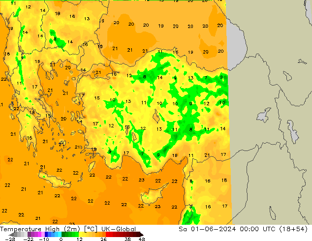 Temperature High (2m) UK-Global Sa 01.06.2024 00 UTC