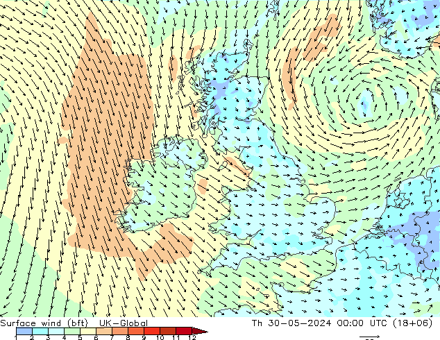 Wind 10 m (bft) UK-Global do 30.05.2024 00 UTC