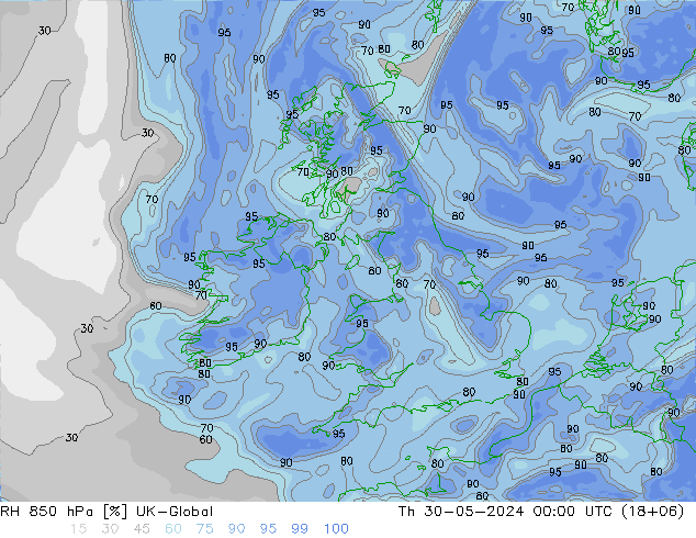 RH 850 hPa UK-Global  30.05.2024 00 UTC