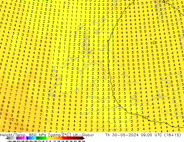 Height/Temp. 850 hPa UK-Global Th 30.05.2024 09 UTC