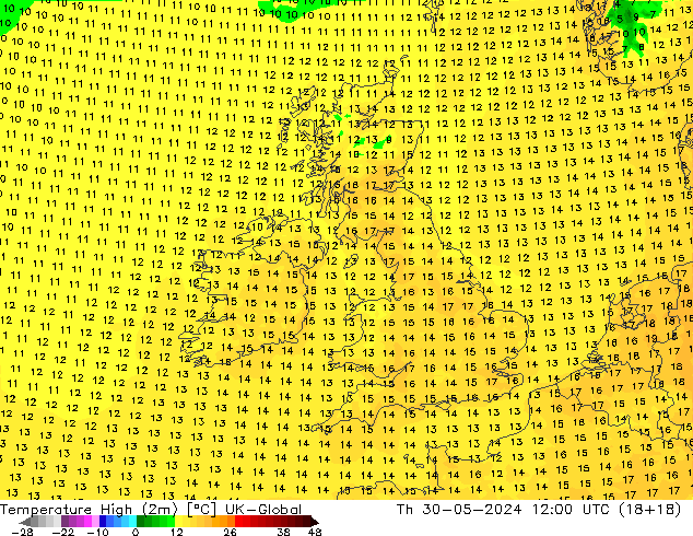 Temperatura máx. (2m) UK-Global jue 30.05.2024 12 UTC