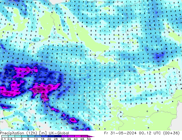 Totale neerslag (12h) UK-Global vr 31.05.2024 12 UTC