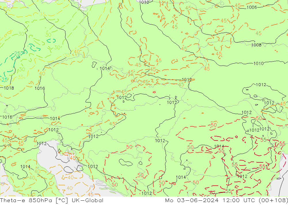 Theta-e 850hPa UK-Global Po 03.06.2024 12 UTC