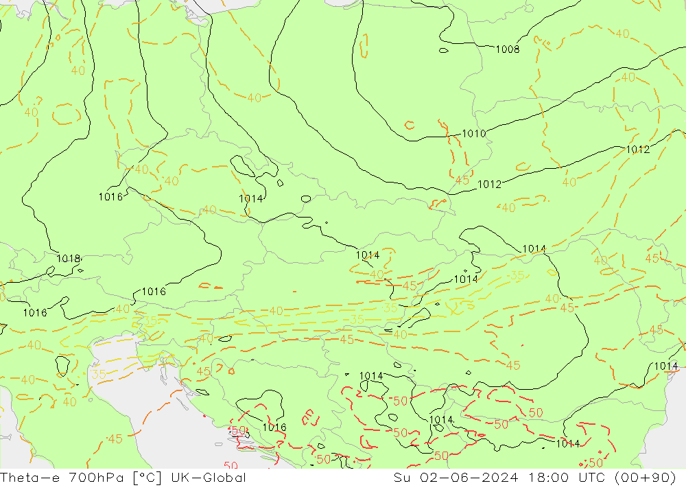 Theta-e 700hPa UK-Global Ne 02.06.2024 18 UTC