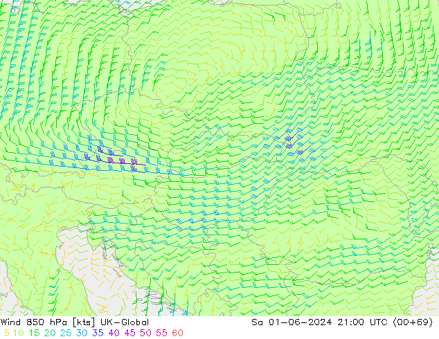 Vento 850 hPa UK-Global Sáb 01.06.2024 21 UTC