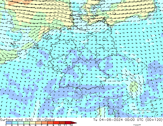 Rüzgar 10 m (bft) UK-Global Sa 04.06.2024 00 UTC