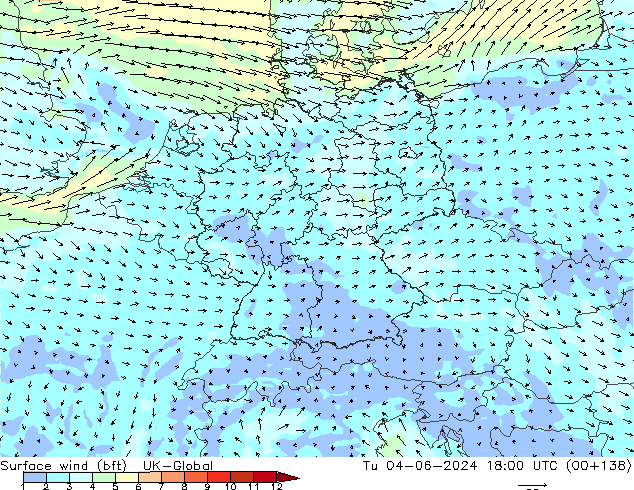 Surface wind (bft) UK-Global Út 04.06.2024 18 UTC