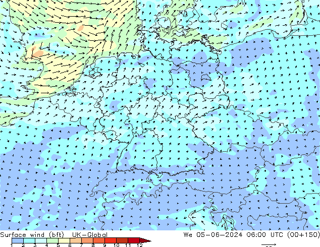 Surface wind (bft) UK-Global We 05.06.2024 06 UTC