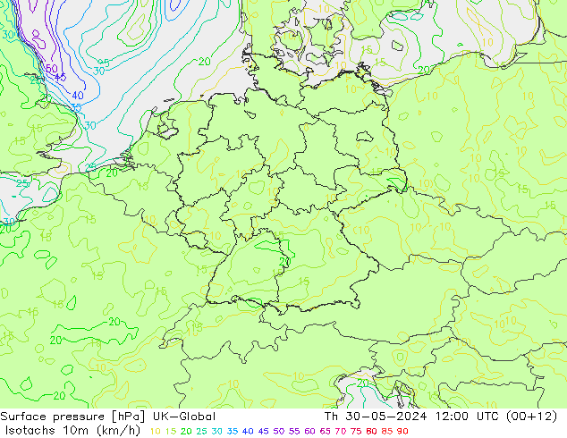 Isotachen (km/h) UK-Global do 30.05.2024 12 UTC