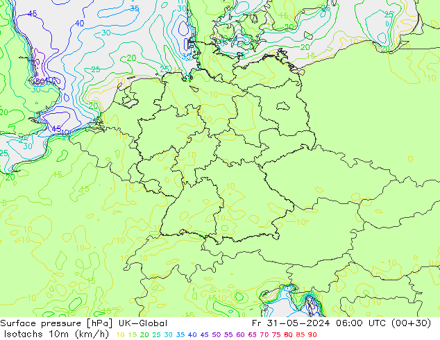 Isotachs (kph) UK-Global Fr 31.05.2024 06 UTC