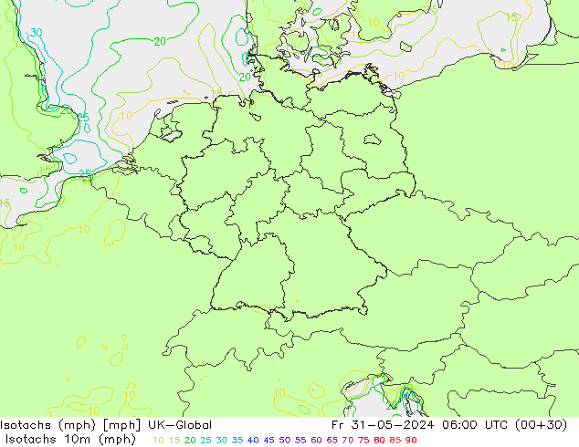 Isotachs (mph) UK-Global Fr 31.05.2024 06 UTC