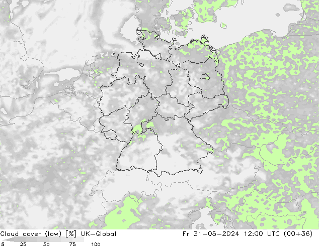 Bewolking (Laag) UK-Global vr 31.05.2024 12 UTC