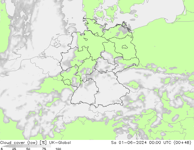 Cloud cover (low) UK-Global Sa 01.06.2024 00 UTC
