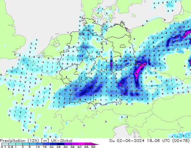 Totale neerslag (12h) UK-Global zo 02.06.2024 06 UTC
