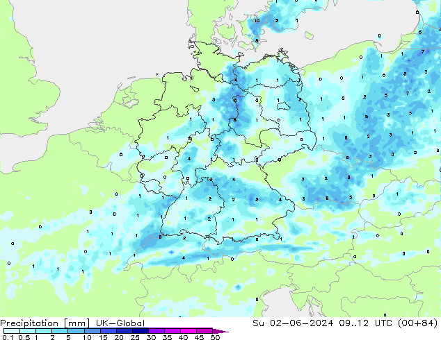 Precipitazione UK-Global dom 02.06.2024 12 UTC