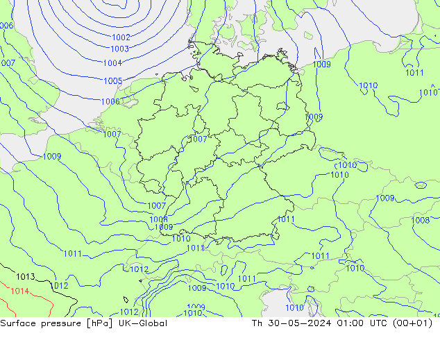 Surface pressure UK-Global Th 30.05.2024 01 UTC