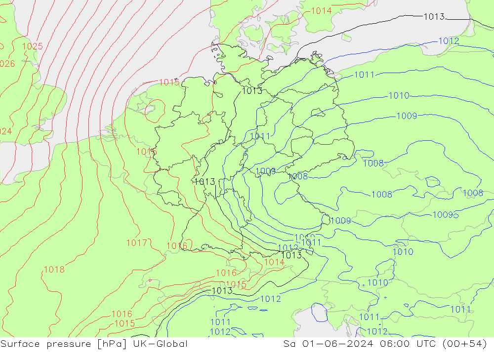 Atmosférický tlak UK-Global So 01.06.2024 06 UTC