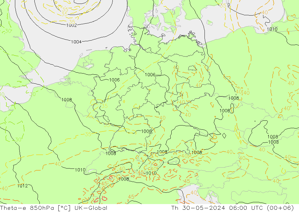 Theta-e 850hPa UK-Global jeu 30.05.2024 06 UTC