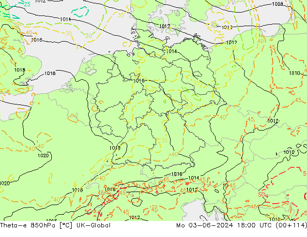 Theta-e 850гПа UK-Global пн 03.06.2024 18 UTC