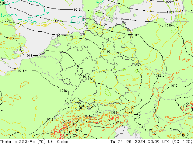 Theta-e 850hPa UK-Global Út 04.06.2024 00 UTC