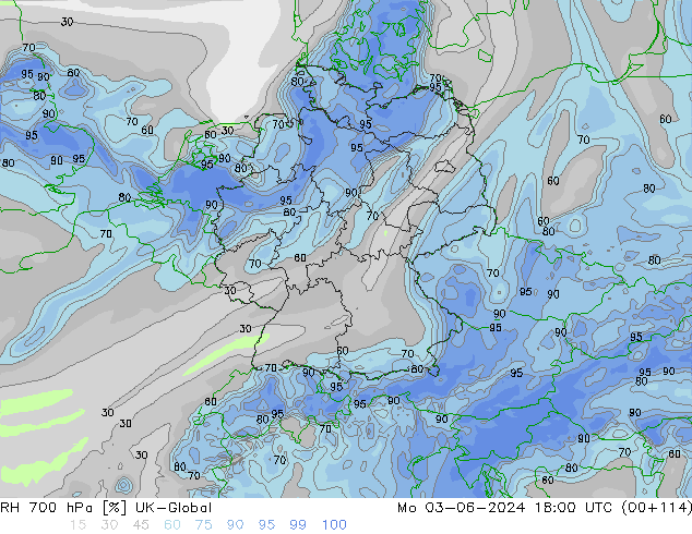 RH 700 hPa UK-Global Mo 03.06.2024 18 UTC