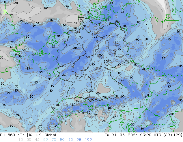 Humidité rel. 850 hPa UK-Global mar 04.06.2024 00 UTC