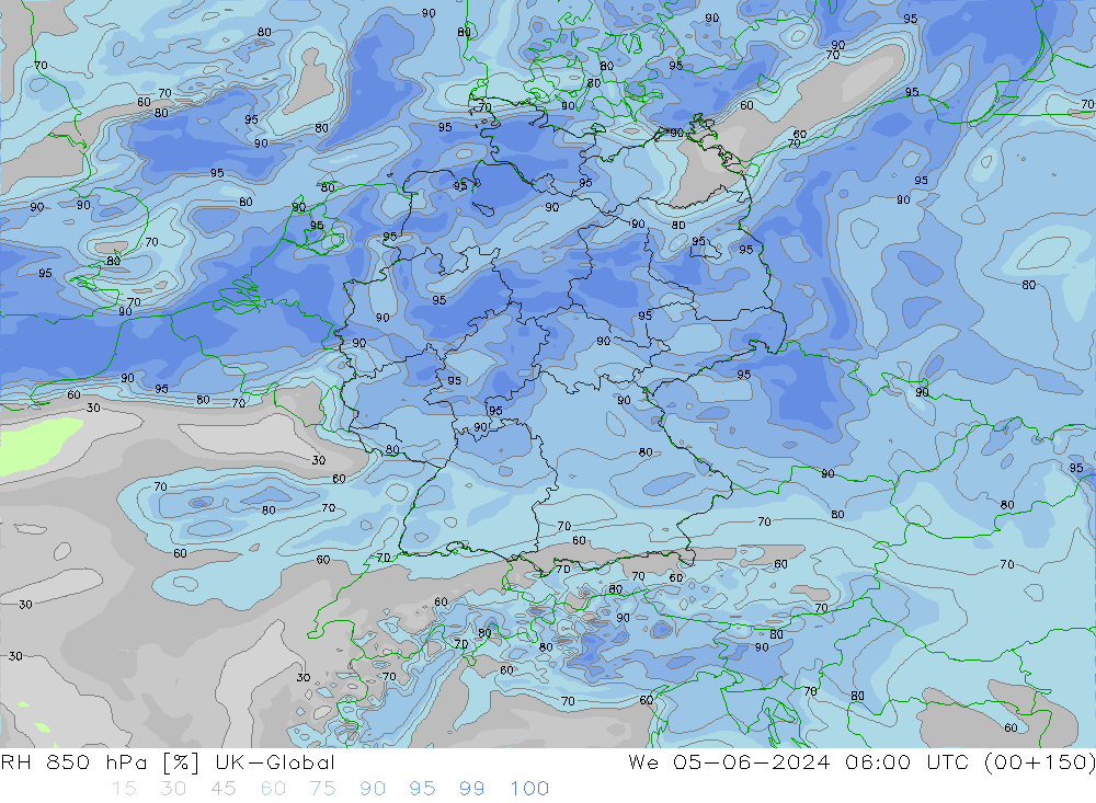 Humidité rel. 850 hPa UK-Global mer 05.06.2024 06 UTC