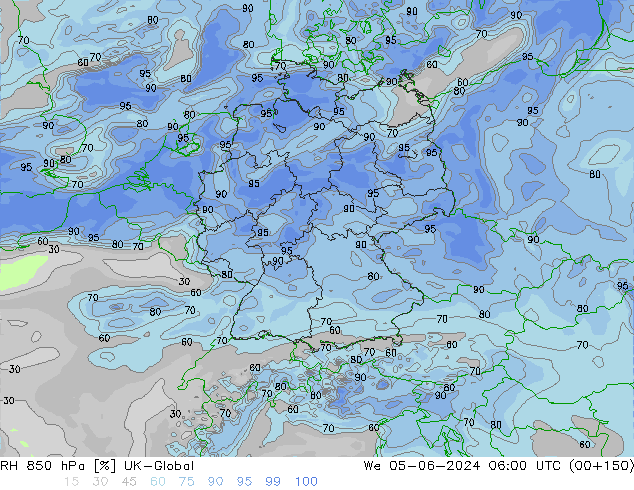 Humidité rel. 850 hPa UK-Global mer 05.06.2024 06 UTC
