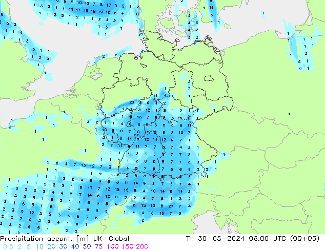 Precipitation accum. UK-Global чт 30.05.2024 06 UTC