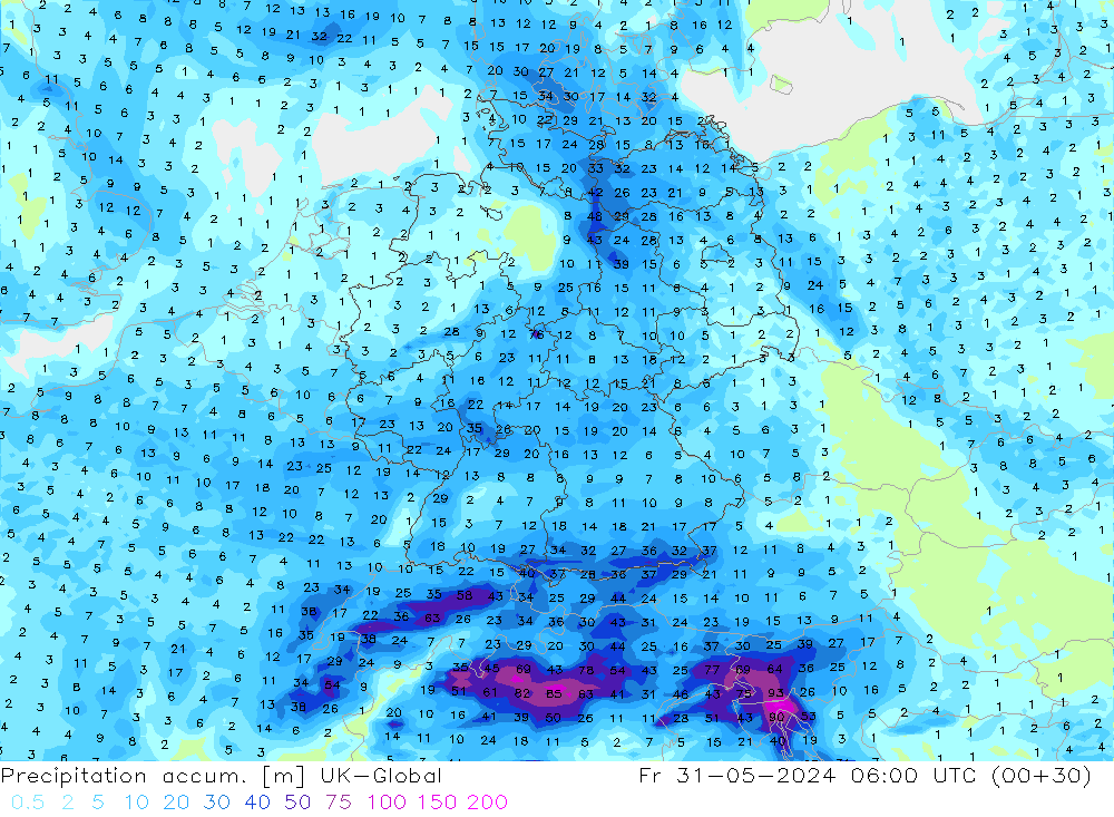 Précipitation accum. UK-Global ven 31.05.2024 06 UTC