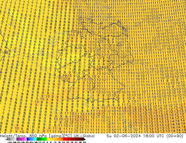 Height/Temp. 850 hPa UK-Global Dom 02.06.2024 18 UTC