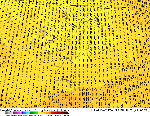 Height/Temp. 850 hPa UK-Global Tu 04.06.2024 00 UTC