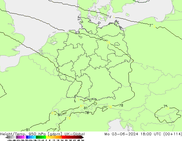 Height/Temp. 950 hPa UK-Global Mo 03.06.2024 18 UTC