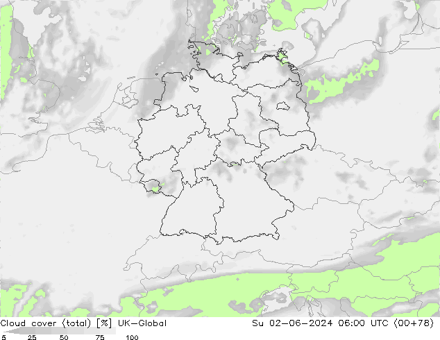 Cloud cover (total) UK-Global Su 02.06.2024 06 UTC