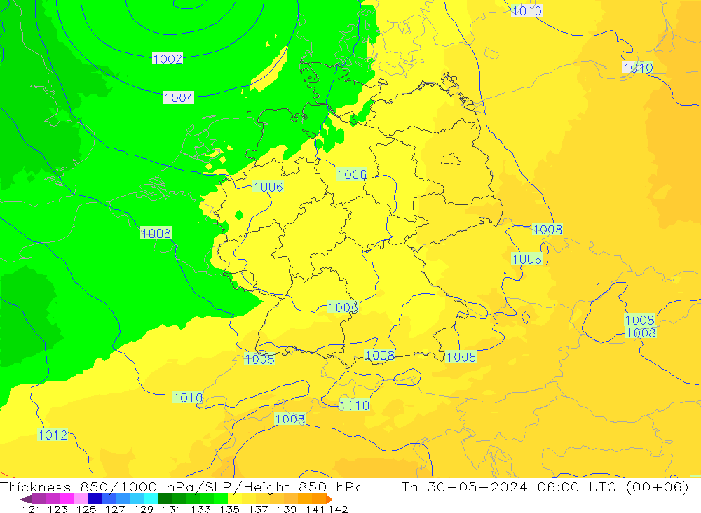 Thck 850-1000 hPa UK-Global  30.05.2024 06 UTC