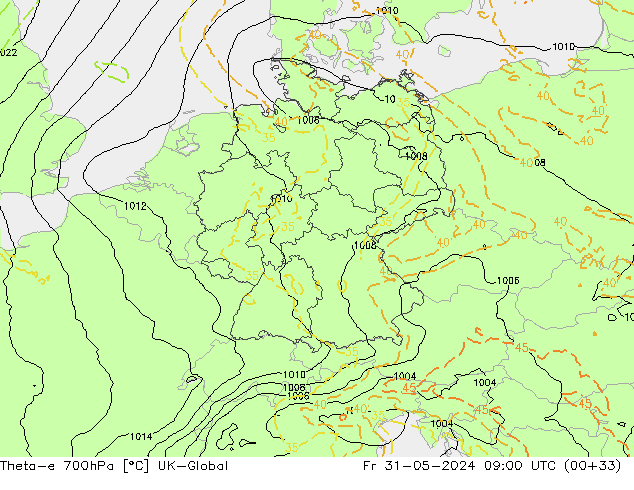 Theta-e 700hPa UK-Global Cu 31.05.2024 09 UTC