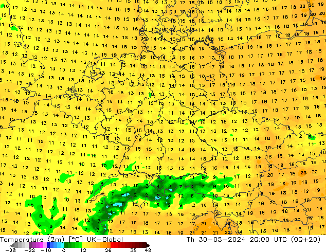 Sıcaklık Haritası (2m) UK-Global Per 30.05.2024 20 UTC