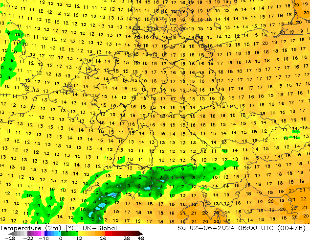 Temperatuurkaart (2m) UK-Global zo 02.06.2024 06 UTC