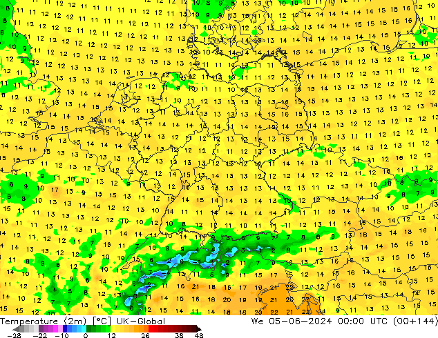 Temperature (2m) UK-Global We 05.06.2024 00 UTC