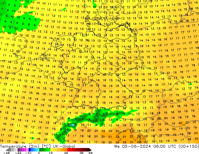 température (2m) UK-Global mer 05.06.2024 06 UTC